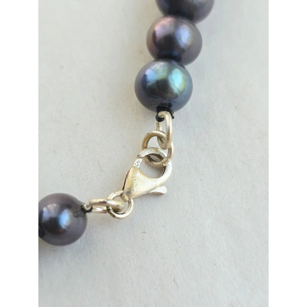 Black Freshwater Pearl Necklace 925 Sterling Silver Peacock Iridescent 18